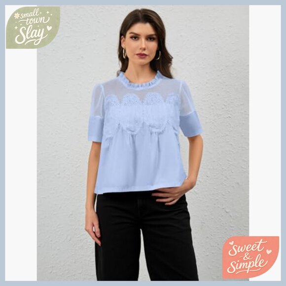 Lace Trim Babydoll Blouse Puff Sleeve Mock Neck See Through Mesh Top - Picture 3 of 7